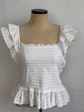 House of Harlow 1960 REVOLVE Smocked Eyelet Top Boho Cotton L Off White